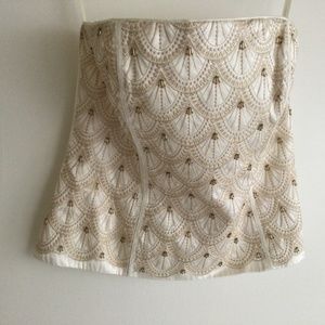White House Black Market Size 10 Ivory Gold Beaded Strapless Bustier New